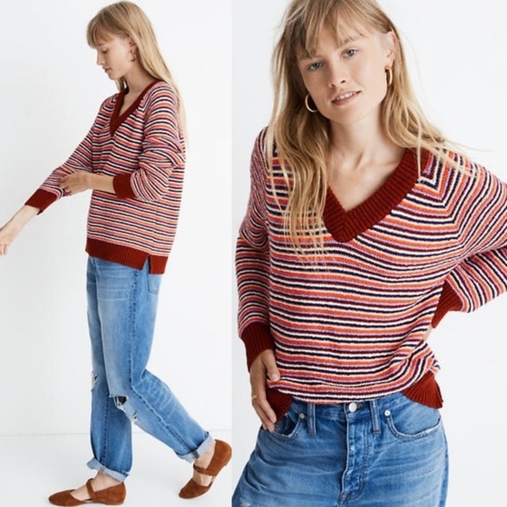 Madewell Striped V-Neck Pullover Sweater